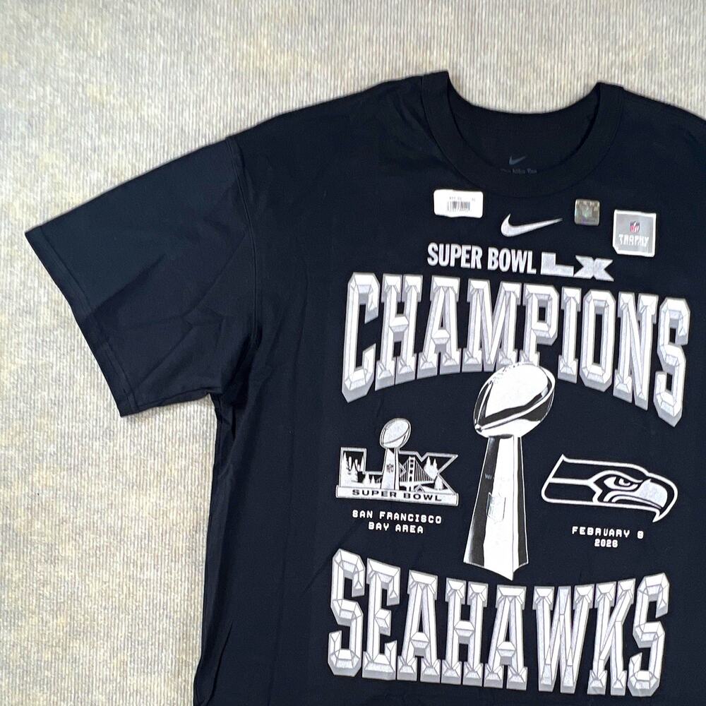 New Nike Seattle Seahawks Super Bowl LX Champions Black T-Shirt Men’s XL.